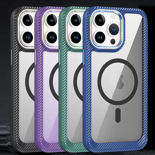 For iPhone 13 Pro Max MagSafe Carbon Fiber Transparent Back Panel Phone Case(Blue) by buy2fix