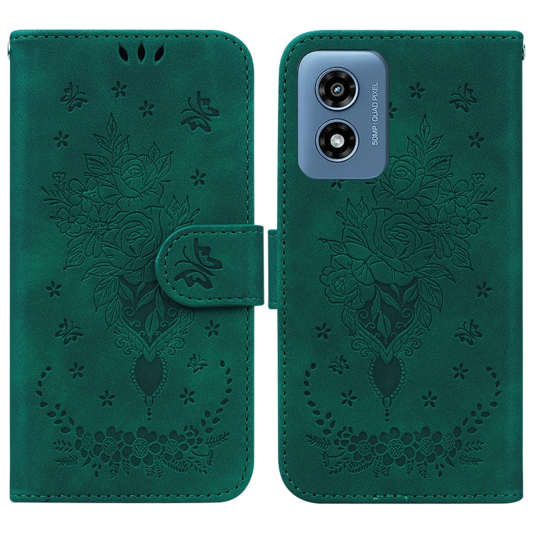 For Motorola Moto G Play 4G 2024 Butterfly Rose Embossed Leather Phone Case(Green) - Motorola Cases by buy2fix | Online Shopping UK | buy2fix