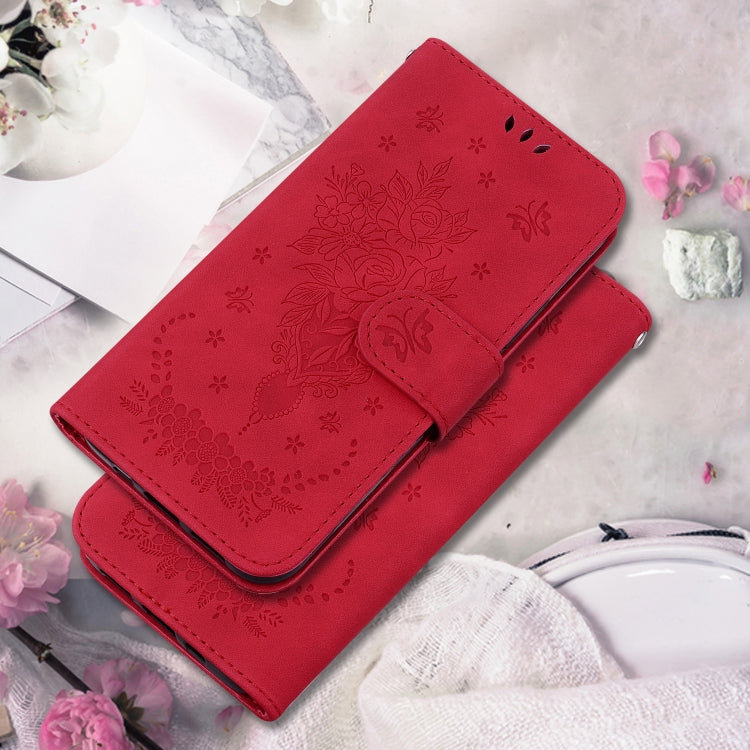 For Motorola Moto G Play 4G 2024 Butterfly Rose Embossed Leather Phone Case(Red) - Motorola Cases by buy2fix | Online Shopping UK | buy2fix