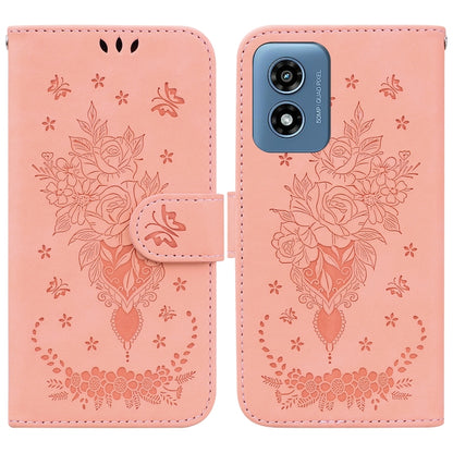 For Motorola Moto G Play 4G 2024 Butterfly Rose Embossed Leather Phone Case(Pink) - Motorola Cases by buy2fix | Online Shopping UK | buy2fix