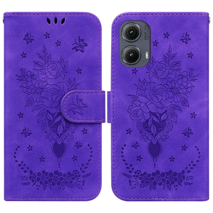 For Motorola Edge 2024 Butterfly Rose Embossed Leather Phone Case(Purple) - Motorola Cases by buy2fix | Online Shopping UK | buy2fix