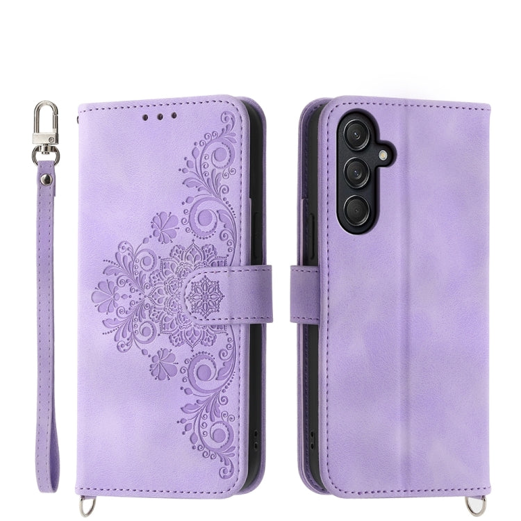 For Samsung Galaxy M55 Skin-feel Flowers Embossed Wallet Leather Phone Case(Purple) by buy2fix