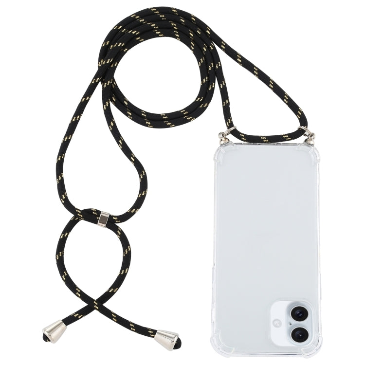 For iPhone 16 Four-Corner Shockproof Transparent TPU Case with Lanyard(Black Gold) by buy2fix