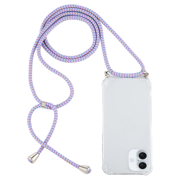 For iPhone 16 Four-Corner Shockproof Transparent TPU Case with Lanyard(Purple Blue Yellow) by buy2fix
