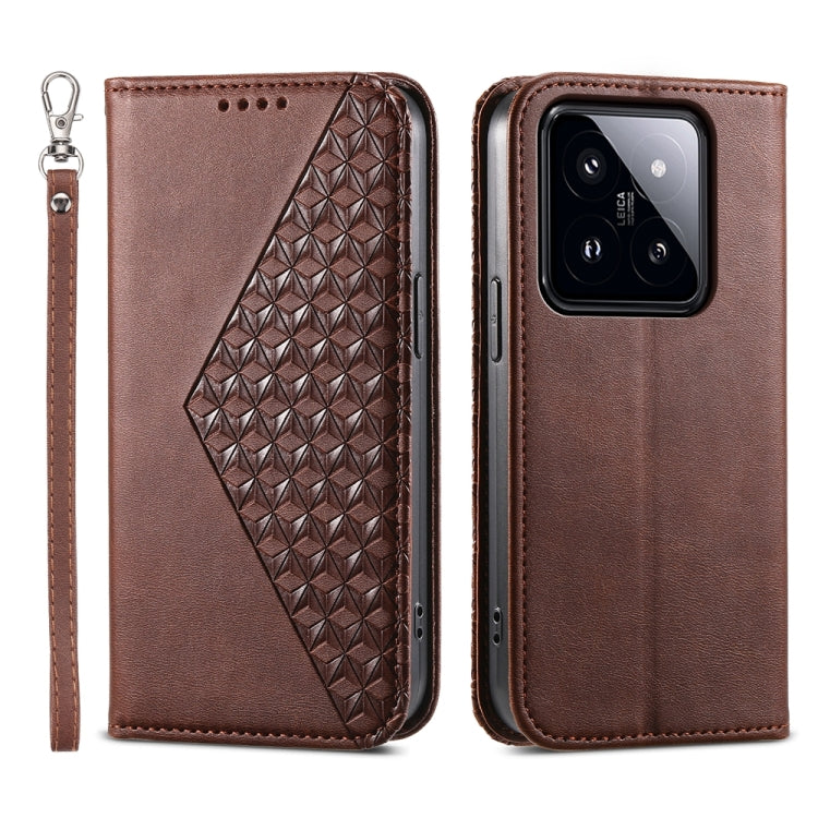 For Xiaomi 14 Pro Cubic Grid Calf Texture Magnetic Leather Phone Case(Brown) - 14 Pro Cases by buy2fix | Online Shopping UK | buy2fix