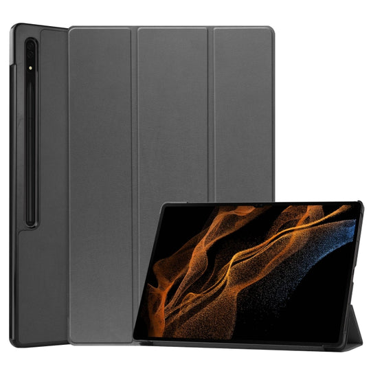 For Samsung Galaxy Tab S10 Ultra / S9 Ultra Custer Pure Color 3-Fold Holder Smart Leather Tablet Case(Grey)