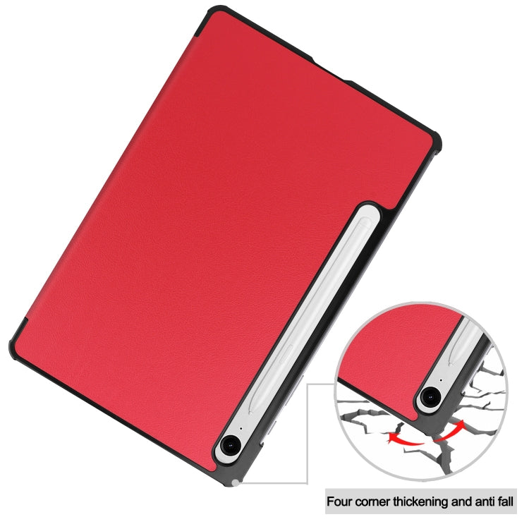 For Samsung Galaxy Tab S9 FE Custer Pure Color 3-Fold Holder Smart Leather Tablet Case(Red) - Galaxy Tab S9 FE by buy2fix | Online Shopping UK | buy2fix