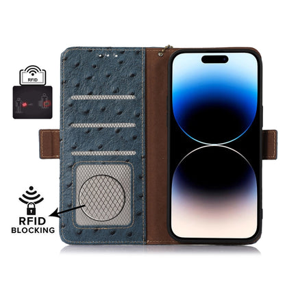 For Samsung Galaxy S24 Ostrich Pattern Genuine Leather RFID Phone Case(Blue) - Galaxy Phone Cases by buy2fix | Online Shopping UK | buy2fix