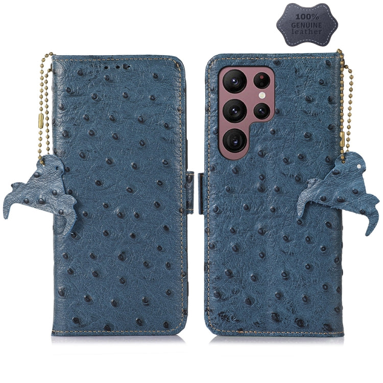 For Samsung Galaxy S24 Ultra Ostrich Pattern Genuine Leather RFID Phone Case(Blue) - Galaxy Phone Cases by buy2fix | Online Shopping UK | buy2fix
