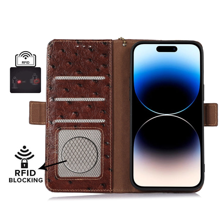 For Samsung Galaxy A35 5G Ostrich Pattern Genuine Leather RFID Phone Case(Coffee) - Galaxy Phone Cases by buy2fix | Online Shopping UK | buy2fix