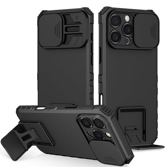For iPhone 16 Pro Max Stereoscopic Holder Sliding Camshield Phone Case(Black)