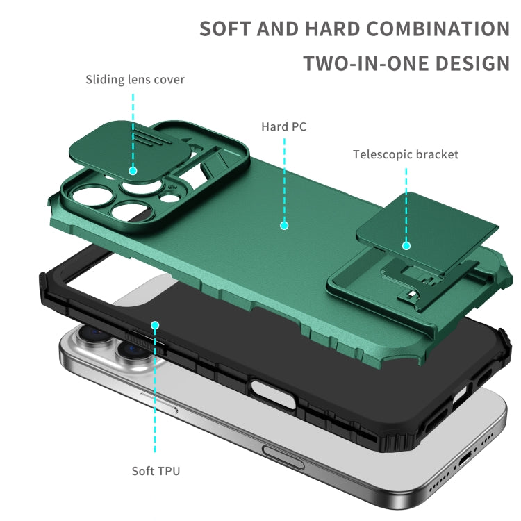 For iPhone 16 Pro Max Stereoscopic Holder Sliding Camshield Phone Case(Green) - iPhone 16 Pro Max Cases by buy2fix | Online Shopping UK | buy2fix