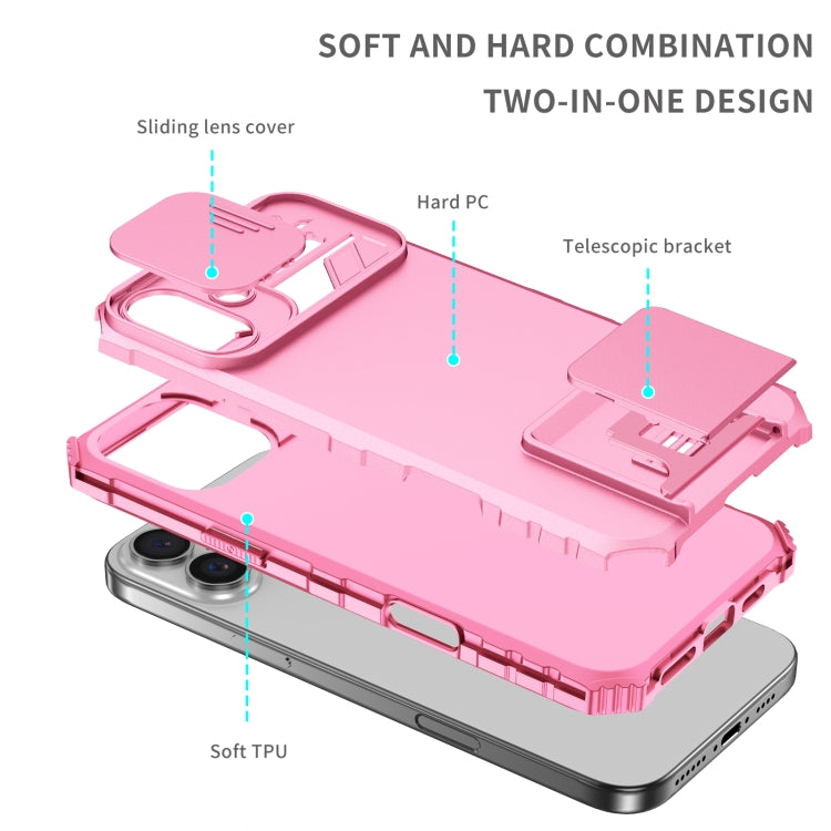 For iPhone 16 Plus Stereoscopic Holder Sliding Camshield Phone Case(Pink) - iPhone 16 Plus Cases by buy2fix | Online Shopping UK | buy2fix