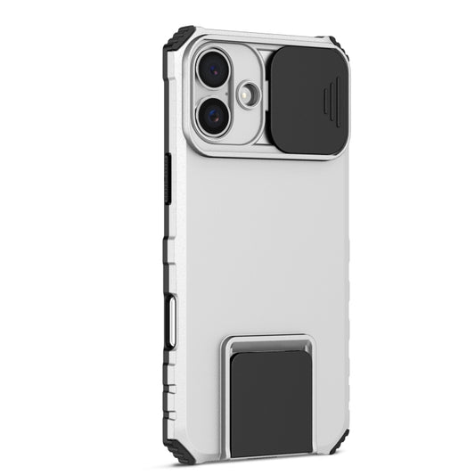 For iPhone 16 Stereoscopic Holder Sliding Camshield Phone Case(White) by buy2fix