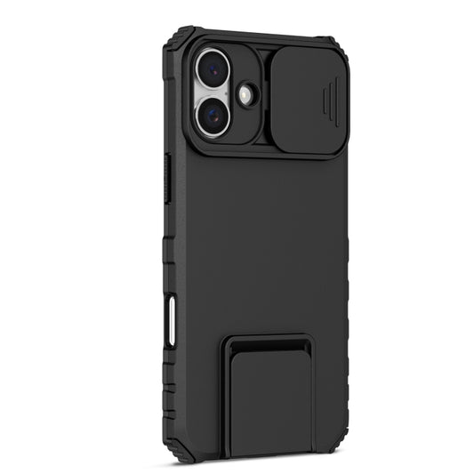 For iPhone 16 Stereoscopic Holder Sliding Camshield Phone Case(Black) by buy2fix