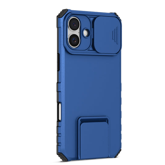 For iPhone 16 Stereoscopic Holder Sliding Camshield Phone Case(Blue) by buy2fix