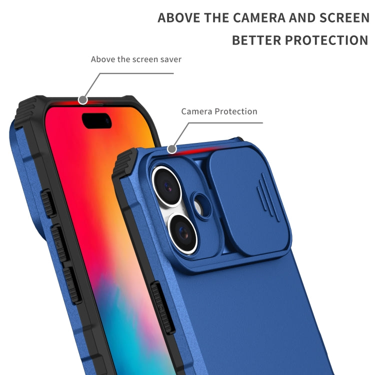 For iPhone 16 Stereoscopic Holder Sliding Camshield Phone Case(Blue) - iPhone 16 Cases by buy2fix | Online Shopping UK | buy2fix