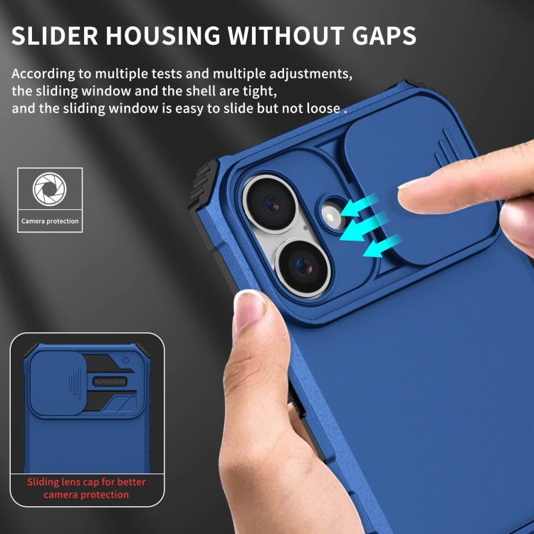 For iPhone 16 Stereoscopic Holder Sliding Camshield Phone Case(Blue) - iPhone 16 Cases by buy2fix | Online Shopping UK | buy2fix