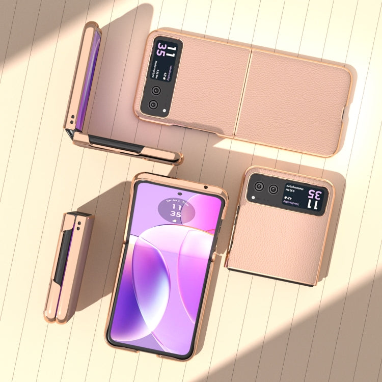 For Motorola Razr 40 Nano Electroplating Genuine Leather + PC Litchi Texture Phone Case(Pink Gold) by buy2fix