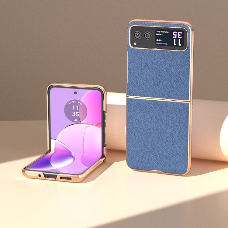 For Motorola Razr 40 Nano Electroplating Genuine Leather + PC Litchi Texture Phone Case(Blue) by buy2fix