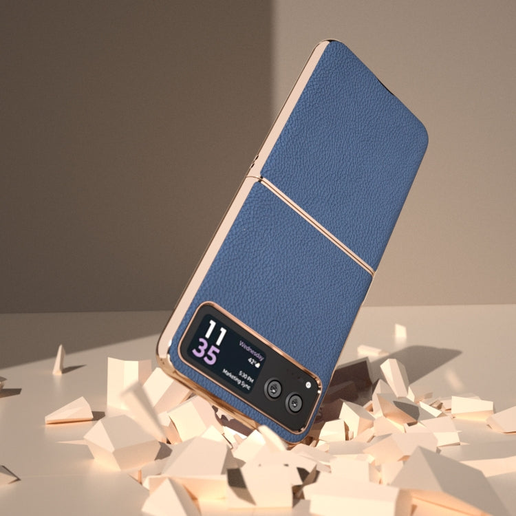 For Motorola Razr 40 Nano Electroplating Genuine Leather + PC Litchi Texture Phone Case(Blue) by buy2fix