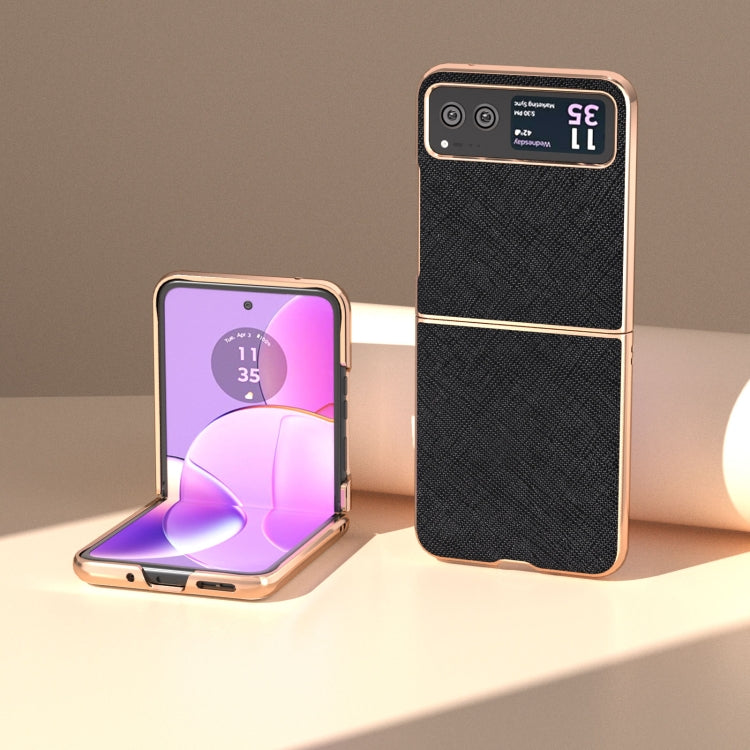 For Motorola Razr 40 Nano Electroplating Cross Texture Genuine Leather Phone Case(Black) by buy2fix