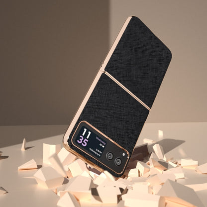 For Motorola Razr 40 Nano Electroplating Cross Texture Genuine Leather Phone Case(Black) by buy2fix