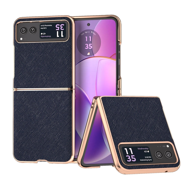 For Motorola Razr 40 Nano Electroplating Cross Texture Genuine Leather Phone Case(Blue) by buy2fix