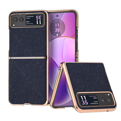 For Motorola Razr 40 Nano Electroplating Cross Texture Genuine Leather Phone Case(Blue) by buy2fix