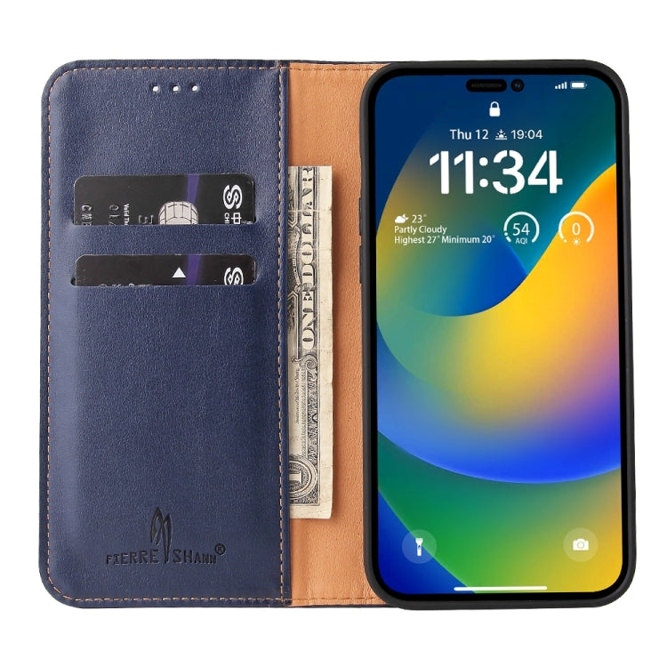 For iPhone 15 Pro Fierre Shann PU Genuine Leather Texture Phone Case(Blue) - iPhone 15 Pro Cases by FIERRE SHANN | Online Shopping UK | buy2fix