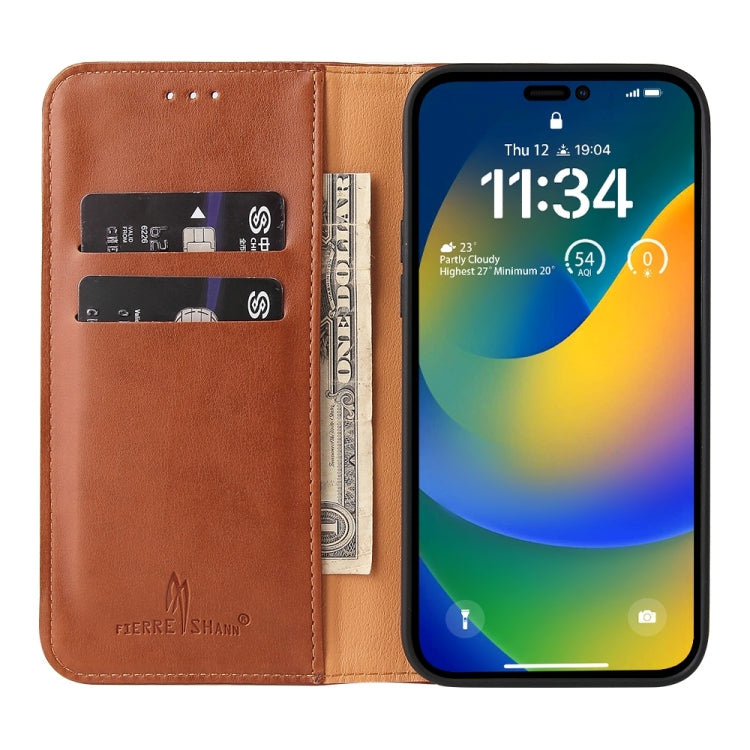 For iPhone 15 Pro Fierre Shann PU Genuine Leather Texture Phone Case(Brown) - iPhone 15 Pro Cases by FIERRE SHANN | Online Shopping UK | buy2fix