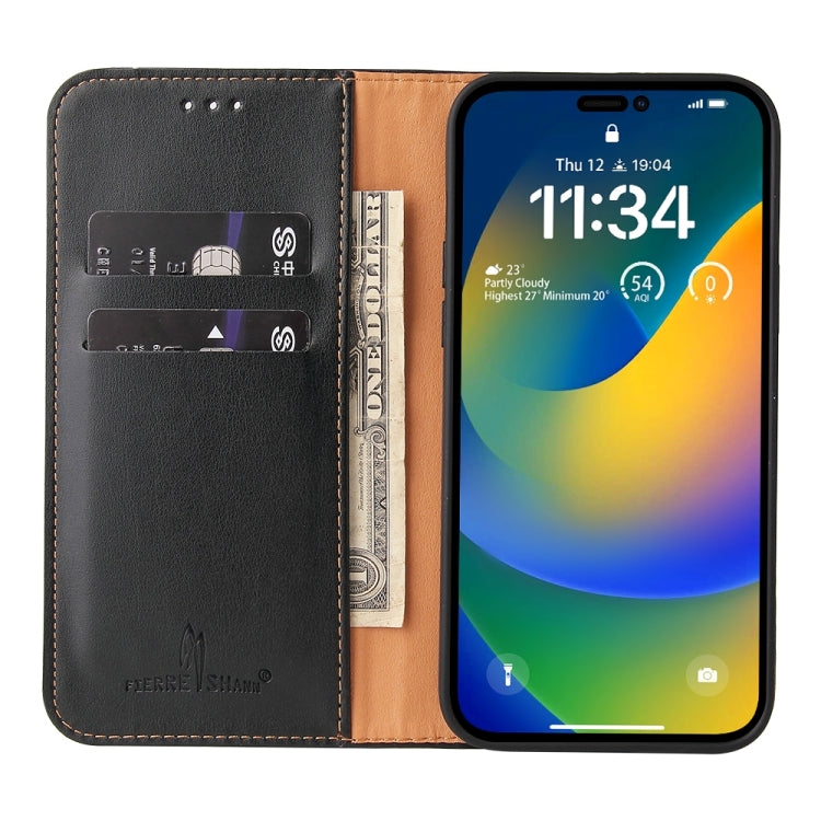 For iPhone 15 Pro Fierre Shann PU Genuine Leather Texture Phone Case(Black) - iPhone 15 Pro Cases by FIERRE SHANN | Online Shopping UK | buy2fix
