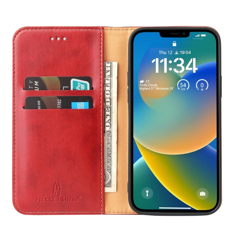 For iPhone 15 Plus Fierre Shann PU Genuine Leather Texture Phone Case(Red) - iPhone 15 Plus Cases by FIERRE SHANN | Online Shopping UK | buy2fix