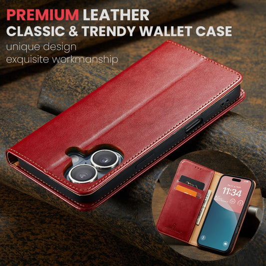 For iPhone 16 Fierre Shann PU Genuine Leather Texture Phone Case(Red) by FIERRE SHANN