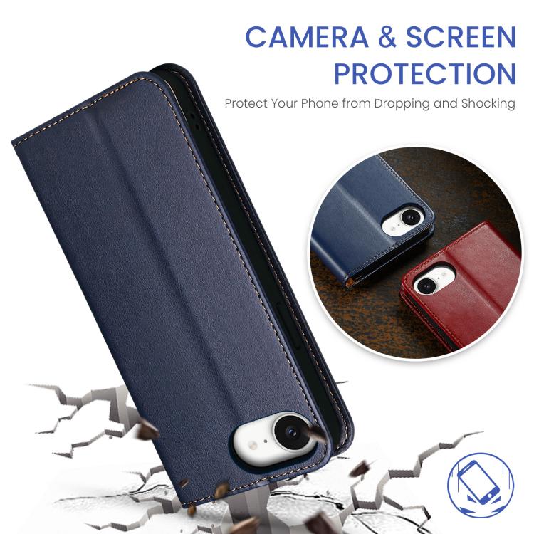 For iPhone 16e Fierre Shann PU Genuine Leather Texture Phone Case(Blue) - iPhone 16e Cases by FIERRE SHANN | Online Shopping UK | buy2fix