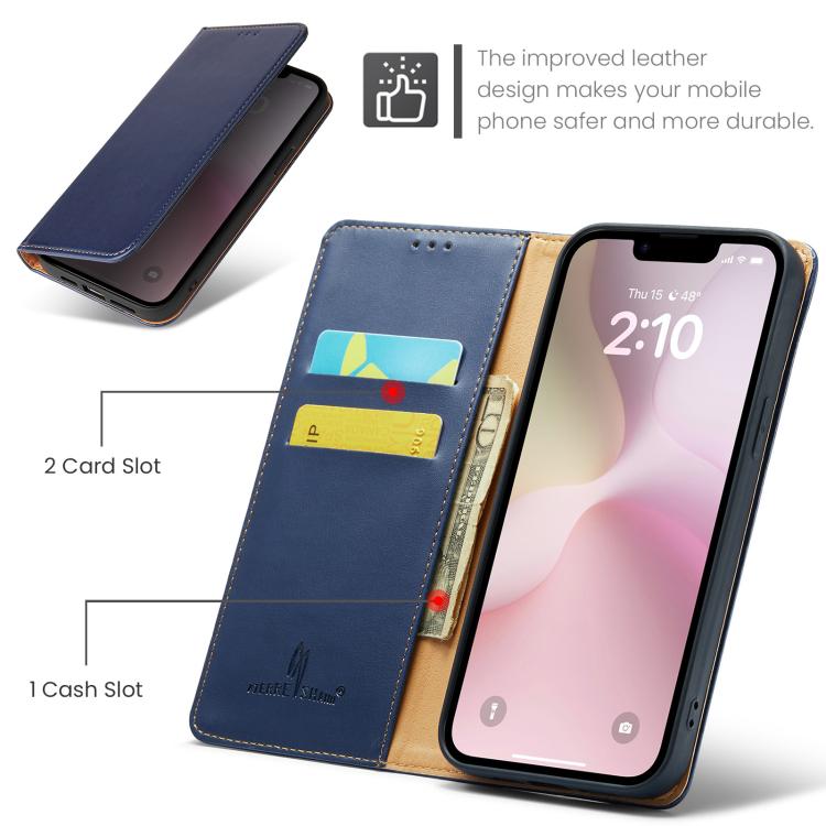 For iPhone 16e Fierre Shann PU Genuine Leather Texture Phone Case(Blue) - iPhone 16e Cases by FIERRE SHANN | Online Shopping UK | buy2fix