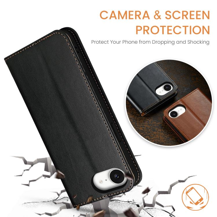 For iPhone 16e Fierre Shann PU Genuine Leather Texture Phone Case(Black) - iPhone 16e Cases by FIERRE SHANN | Online Shopping UK | buy2fix