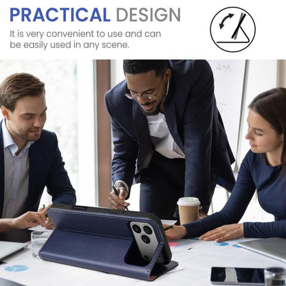 For iPhone 17 Pro Fierre Shann PU Genuine Leather Texture Phone Case(Blue) - iPhone 17 Pro Cases by FIERRE SHANN | Online Shopping UK | buy2fix