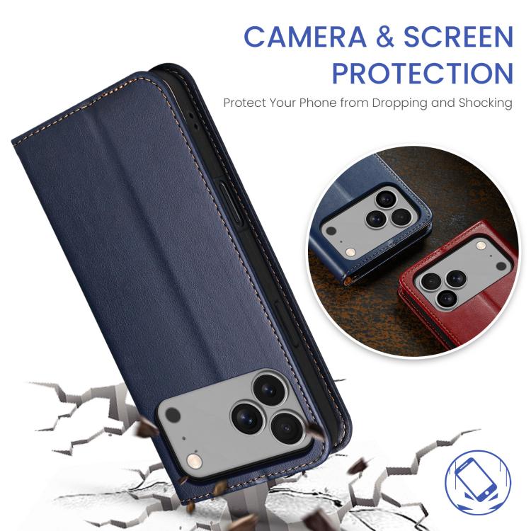 For iPhone 17 Pro Fierre Shann PU Genuine Leather Texture Phone Case(Blue) - iPhone 17 Pro Cases by FIERRE SHANN | Online Shopping UK | buy2fix