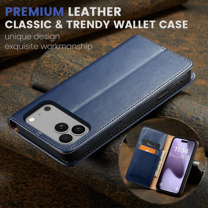 For iPhone 17 Pro Fierre Shann PU Genuine Leather Texture Phone Case(Blue) - iPhone 17 Pro Cases by FIERRE SHANN | Online Shopping UK | buy2fix