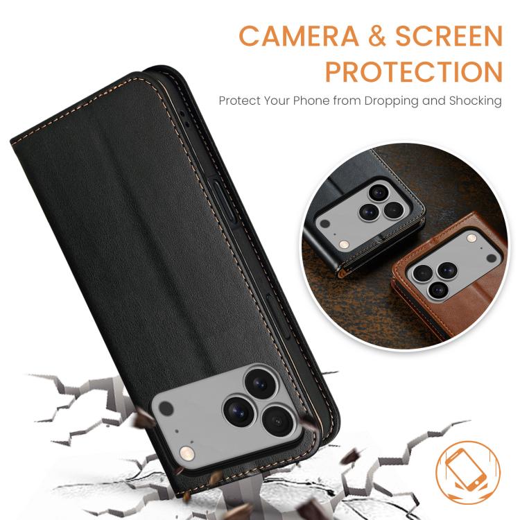 For iPhone 17 Pro Fierre Shann PU Genuine Leather Texture Phone Case(Black) - iPhone 17 Pro Cases by FIERRE SHANN | Online Shopping UK | buy2fix