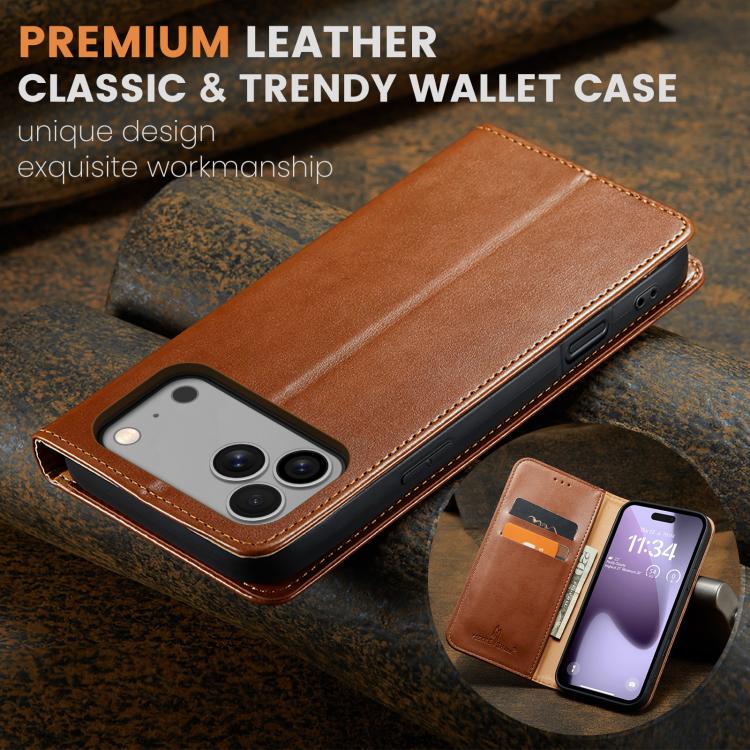 For iPhone 17 Pro Max Fierre Shann PU Genuine Leather Texture Phone Case(Brown) - iPhone 17 Pro Max Cases by FIERRE SHANN | Online Shopping UK | buy2fix