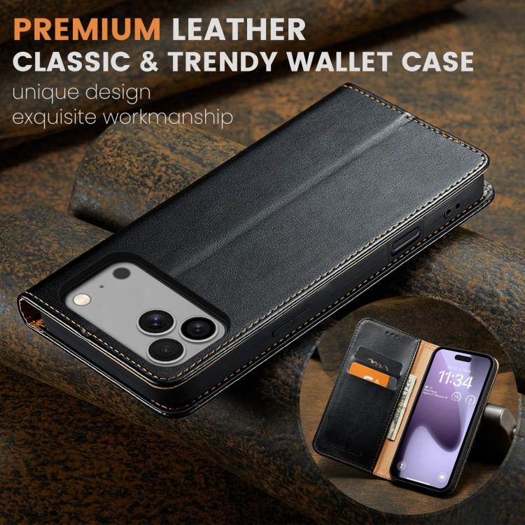 For iPhone 17 Pro Max Fierre Shann PU Genuine Leather Texture Phone Case(Black) - iPhone 17 Pro Max Cases by FIERRE SHANN | Online Shopping UK | buy2fix