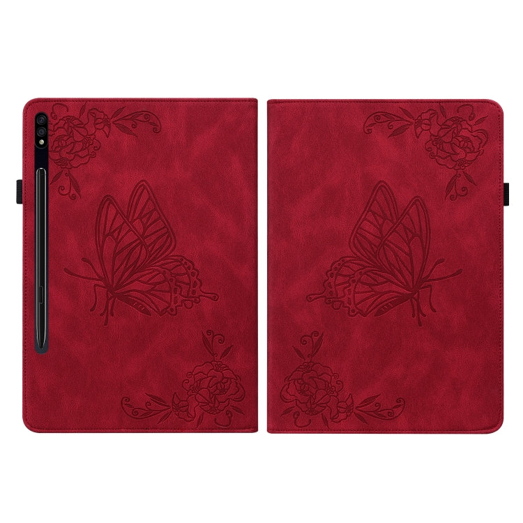 For Samsung Galaxy Tab S9 Butterfly Flower Embossed Leather Tablet Case(Red) - Galaxy Tab S9 Cases by buy2fix | Online Shopping UK | buy2fix