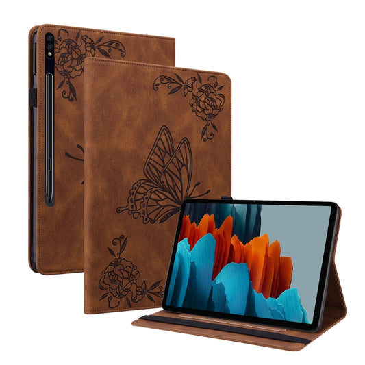 For Samsung Galaxy Tab S9 Butterfly Flower Embossed Leather Tablet Case(Brown) - Galaxy Tab S9 Cases by buy2fix | Online Shopping UK | buy2fix