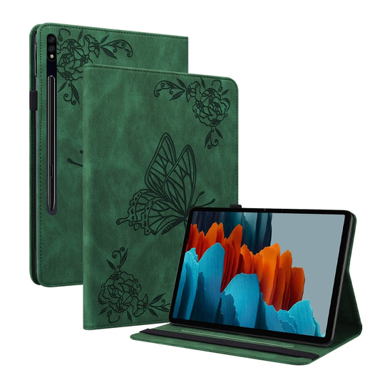 For Samsung Galaxy Tab S7+/S7 FE/S8+ Butterfly Flower Embossed Leather Tablet Case(Green) by buy2fix