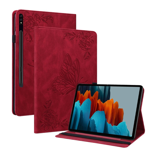 For Samsung Galaxy Tab S7+/S7 FE/S8+ Butterfly Flower Embossed Leather Tablet Case(Red) by buy2fix