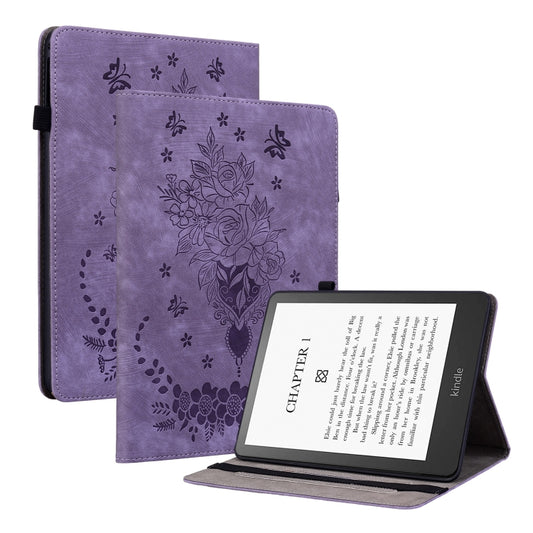For Amazon Kindle Paperwhite 5 2023 2024 Butterfly Rose Embossed Leather Tablet Case(Purple) - Amazon by buy2fix | Online Shopping UK | buy2fix
