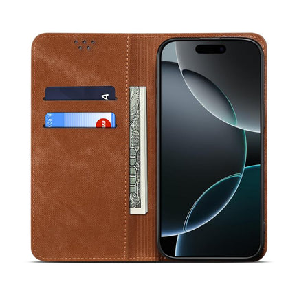 For iPhone 16e Denim Texture Casual Style Horizontal Flip Leather Case(Brown) - iPhone 16e Cases by buy2fix | Online Shopping UK | buy2fix