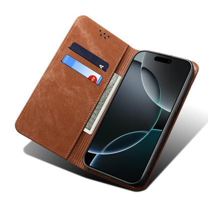 For iPhone 16e Denim Texture Casual Style Horizontal Flip Leather Case(Brown) - iPhone 16e Cases by buy2fix | Online Shopping UK | buy2fix